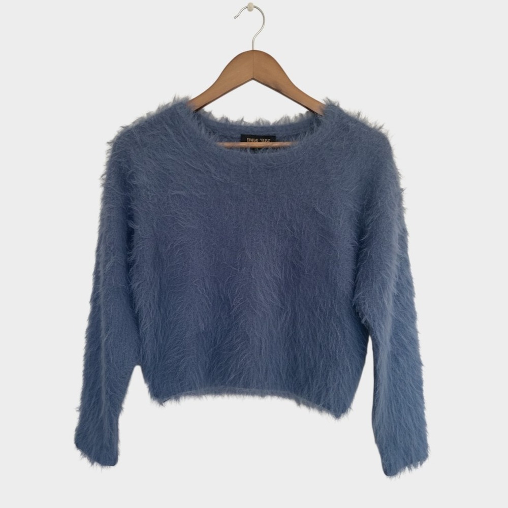 Truth by Republic Womens Fuzzy Eyelash Knit Sweater Dusty Blue Crewneck XS